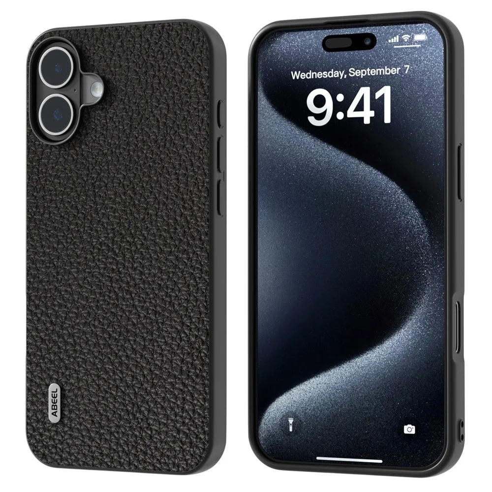 ABEEL For iPhone 16 Plus Case TPU+Genuine Cow Leather Protective Phone Cover - Black - 1