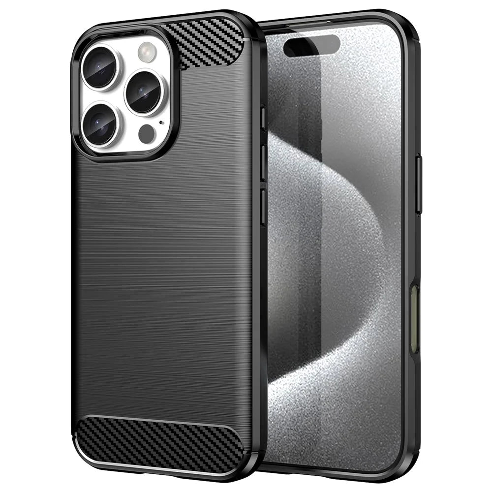 For iPhone 16 Pro Max Case Carbon Fiber Texture TPU Brushed Phone Cover - Black - 1