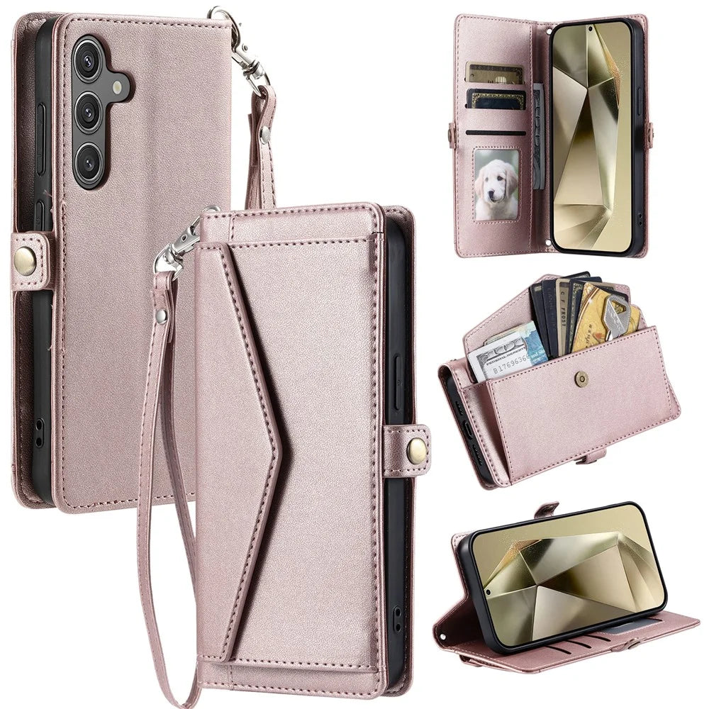 For Samsung Galaxy S24 FE Leather Case with Wrist Strap Wallet Stand Phone Cover - Rose Gold - 1