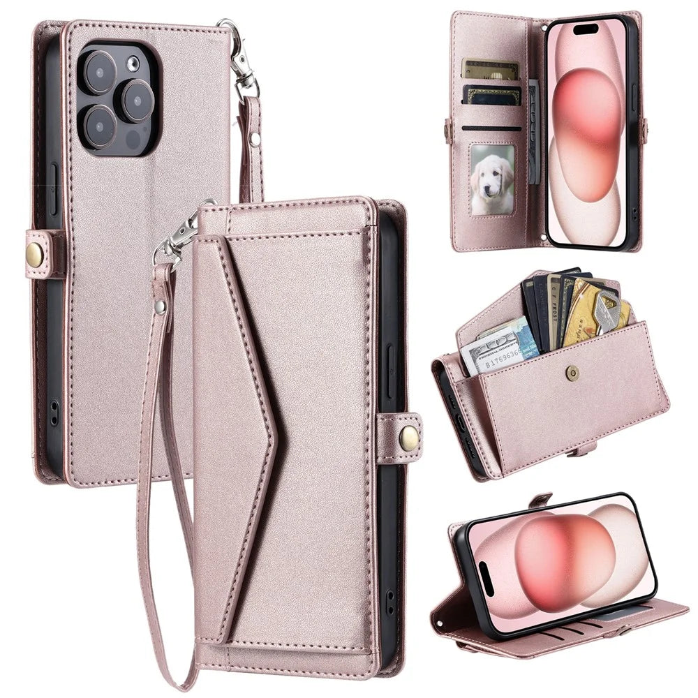 For iPhone 16 Pro Leather Case with Wrist Strap Wallet Stand Phone Cover - Rose Gold - 1