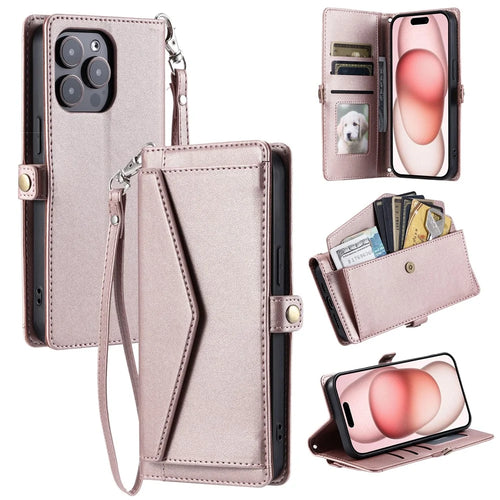 For iPhone 16 Pro Leather Case with Wrist Strap Wallet Stand Phone Cover - Rose Gold - 1