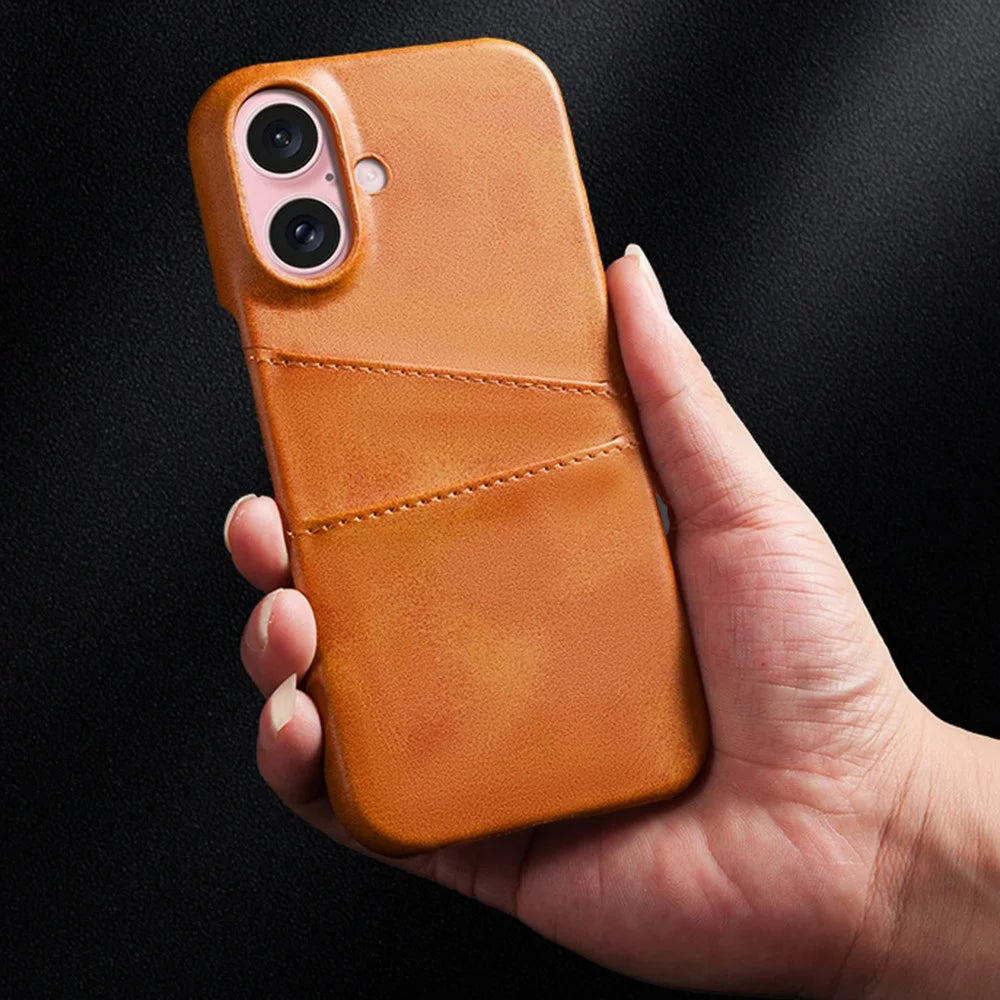 For iPhone 16 Case Dual Card Slots PU Leather + Hard PC Phone Cover - Orange - 3