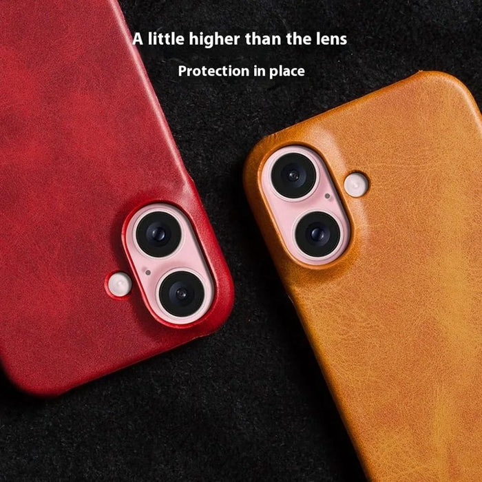 For iPhone 16 Case Calf Texture PU Leather Hard PC Protective Phone Cover - Orange - 6