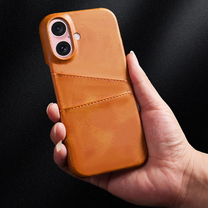 For iPhone 16 Plus Case Dual Card Slots PU Leather + Hard PC Phone Cover - Orange - 3