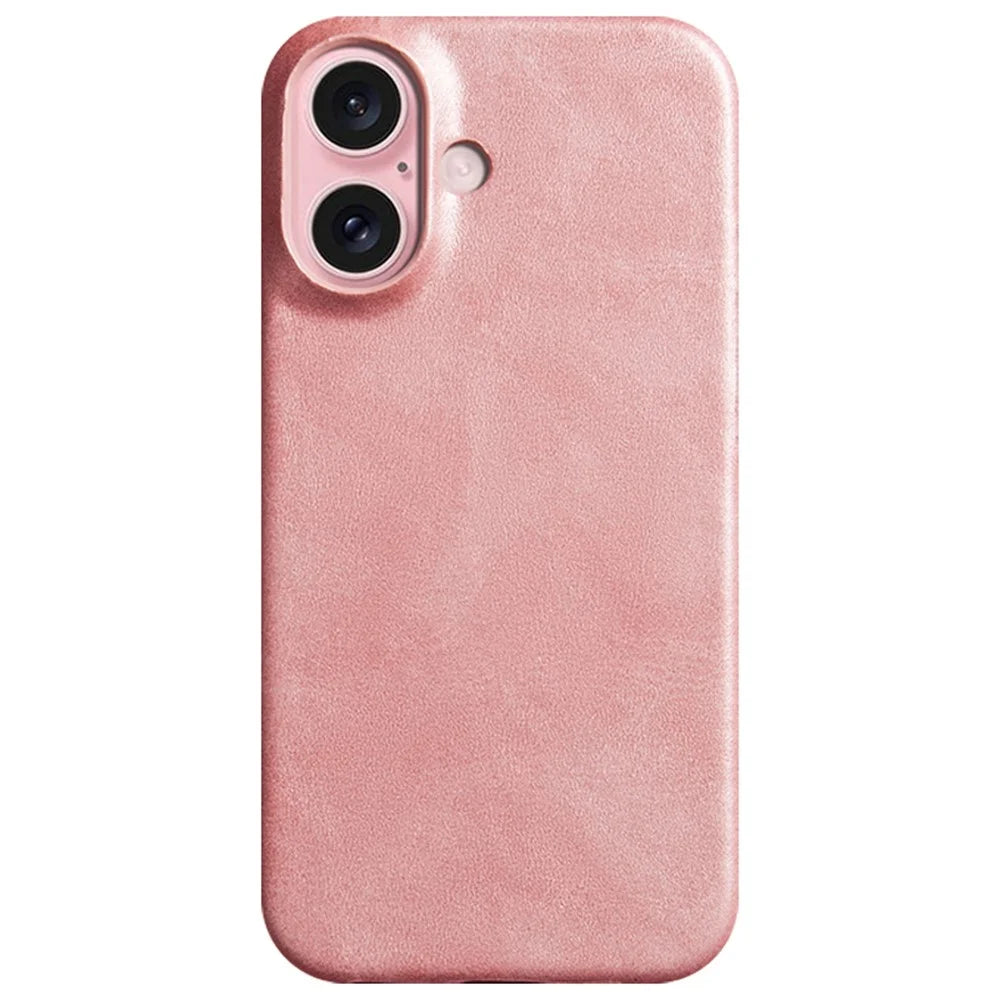 For iPhone 16 Plus Case Calf Texture PU Leather Hard PC Protective Phone Cover - Rose Gold - 1