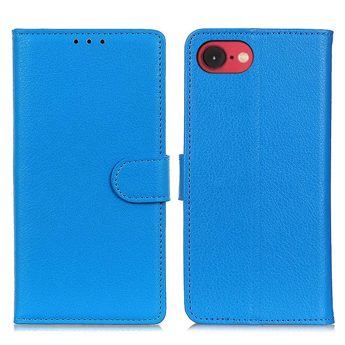 For iPhone 17e / 16e Wallet Case PU Leather Phone Cover Litchi Texture - Blue - 1