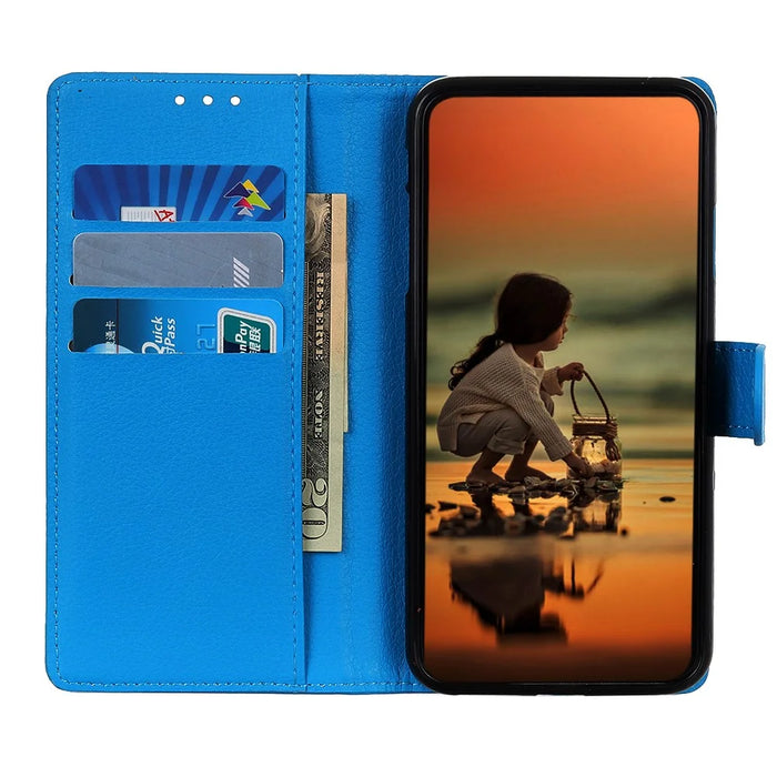 For iPhone 17e / 16e Wallet Case PU Leather Phone Cover Litchi Texture - Blue - 3