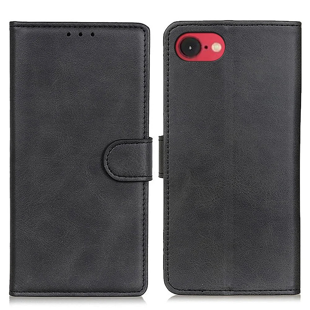 For iPhone 17e / 16e Stand Wallet Case Cowhide Texture Leather Phone Cover - Black - 1