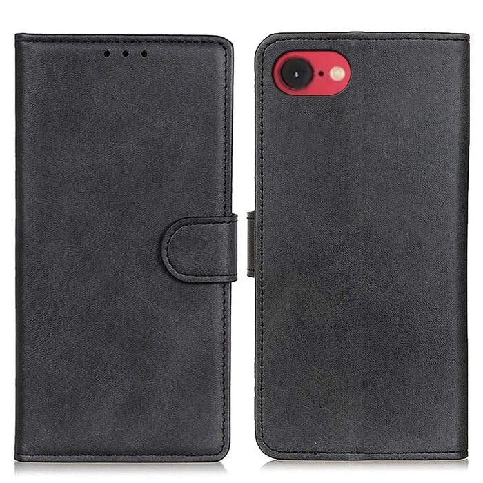 For iPhone 17e / 16e Stand Wallet Case Cowhide Texture Leather Phone Cover - Black - 1