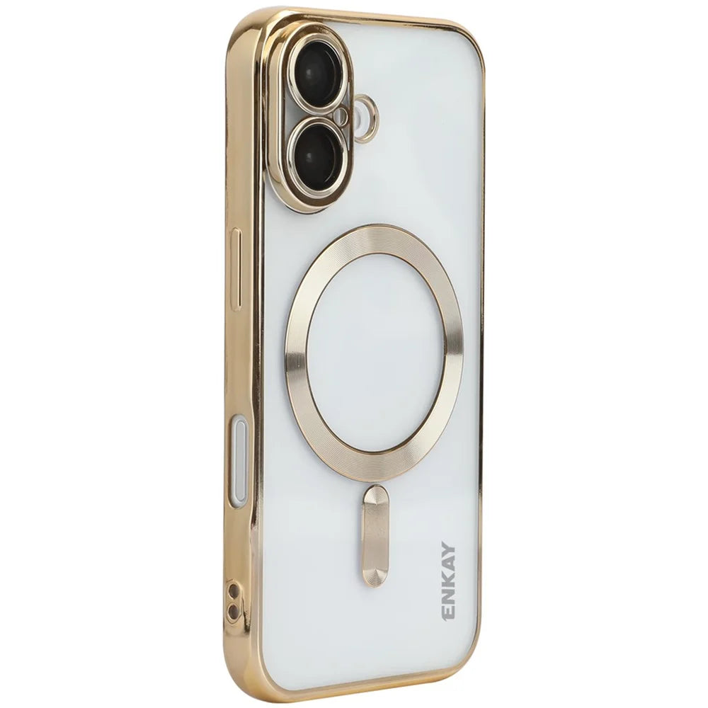 ENKAY HAT PRINCE For iPhone 16 Plus Magnetic Clear Case Shockproof TPU Phone Cover with Lens Film - Gold - 1