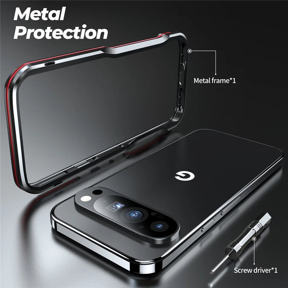 LUPHIE For Google Pixel 9 / 9 Pro Case Metal Bumper Frame Shockproof Phone Cover - Black  /  Red - 4
