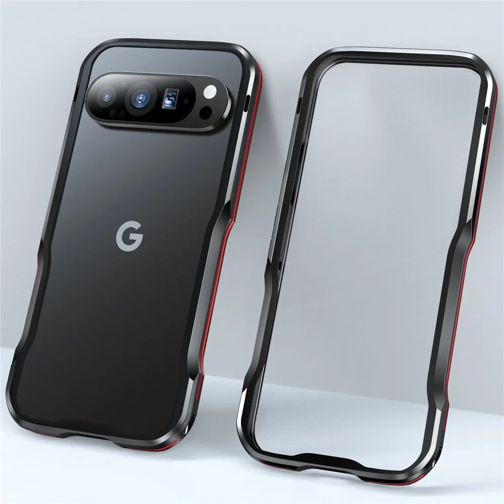 LUPHIE For Google Pixel 9 / 9 Pro Case Metal Bumper Frame Shockproof Phone Cover - Black  /  Red - 5