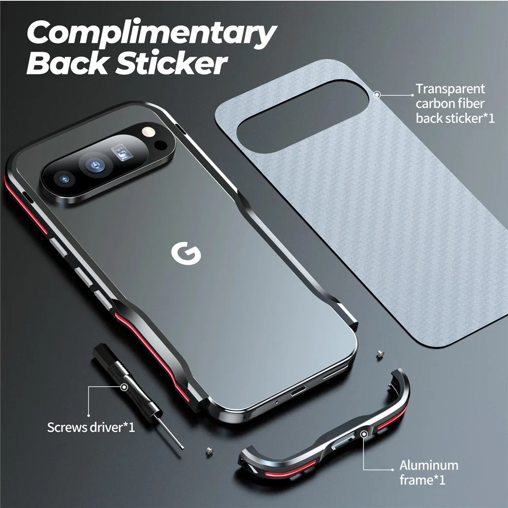 LUPHIE For Google Pixel 9 / 9 Pro Case Metal Bumper Frame Shockproof Phone Cover - Black  /  Red - 6