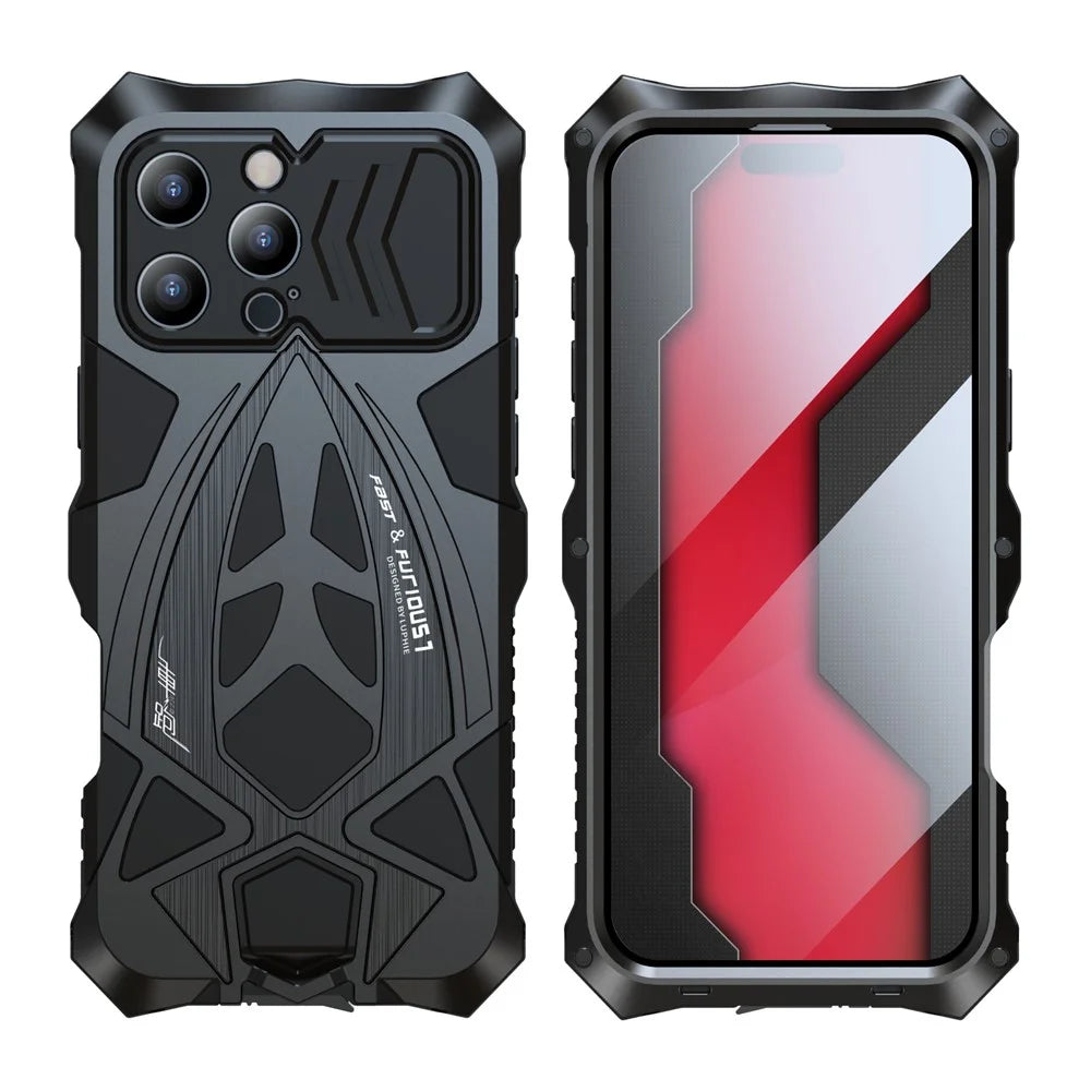 LUPHIE For iPhone 16 Pro Max Case Sports Car Design Shockproof Metal+TPU Phone Cover with Screen Protector - Black - 1