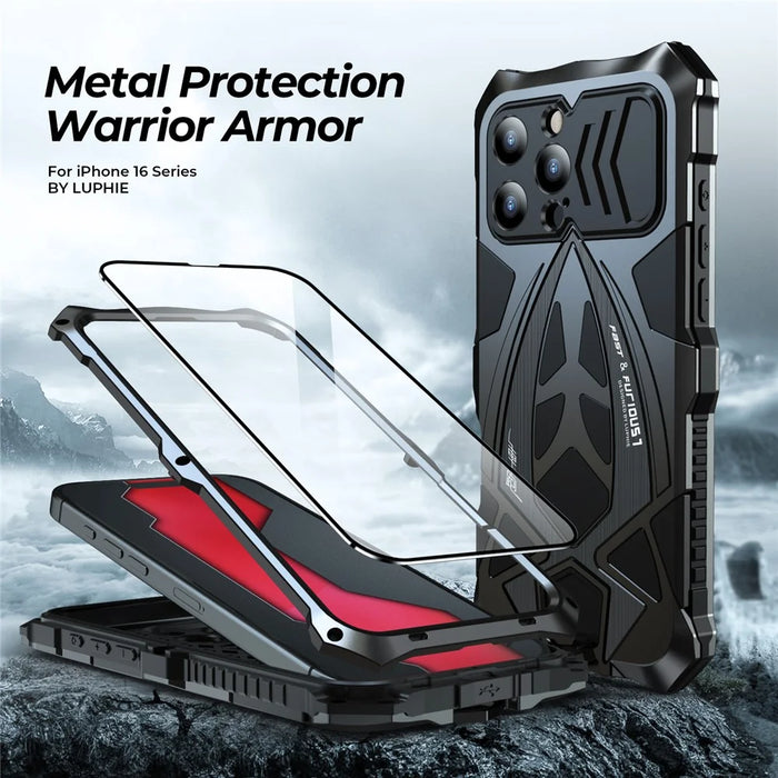 LUPHIE For iPhone 16 Pro Max Case Sports Car Design Shockproof Metal+TPU Phone Cover with Screen Protector - Black - 2