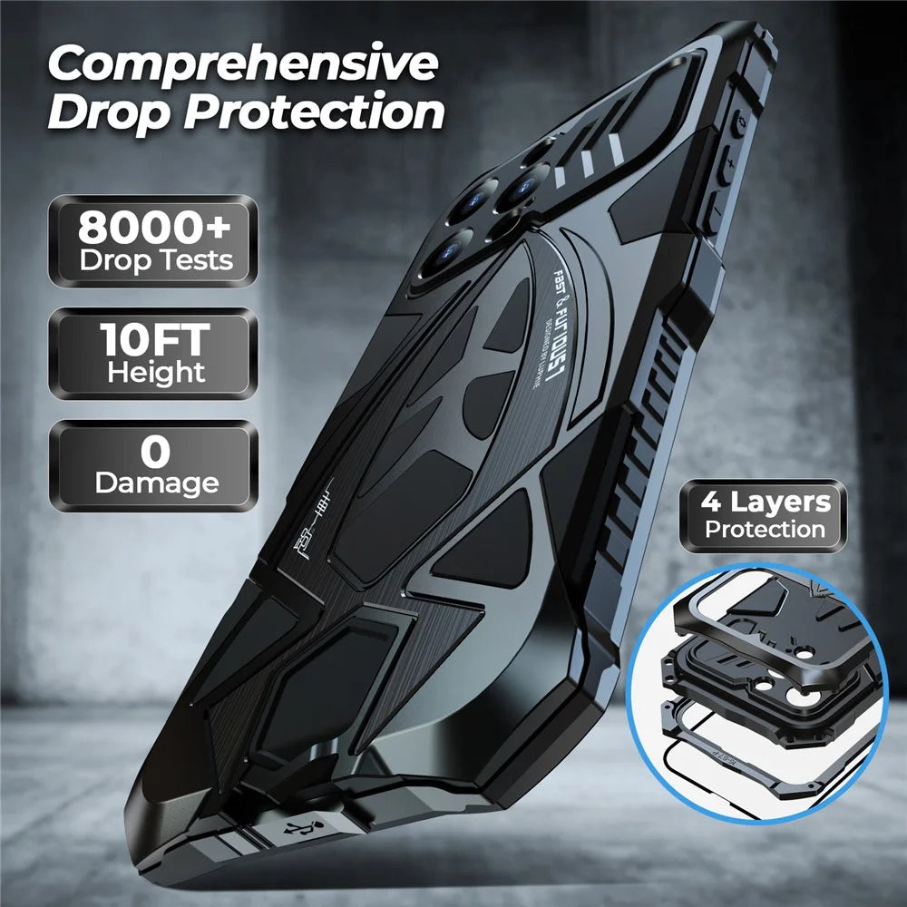 LUPHIE For iPhone 16 Pro Max Case Sports Car Design Shockproof Metal+TPU Phone Cover with Screen Protector - Black - 5