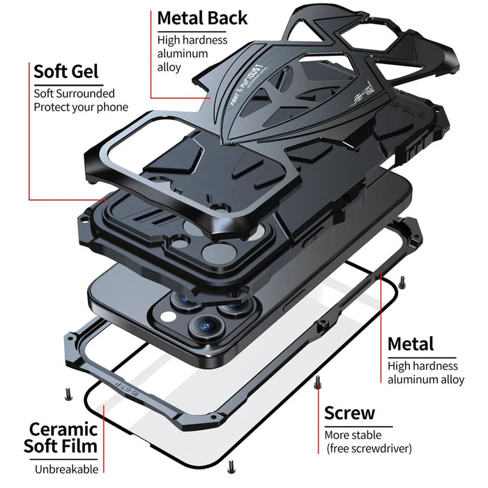 LUPHIE For iPhone 16 Pro Max Case Sports Car Design Shockproof Metal+TPU Phone Cover with Screen Protector - Black - 6