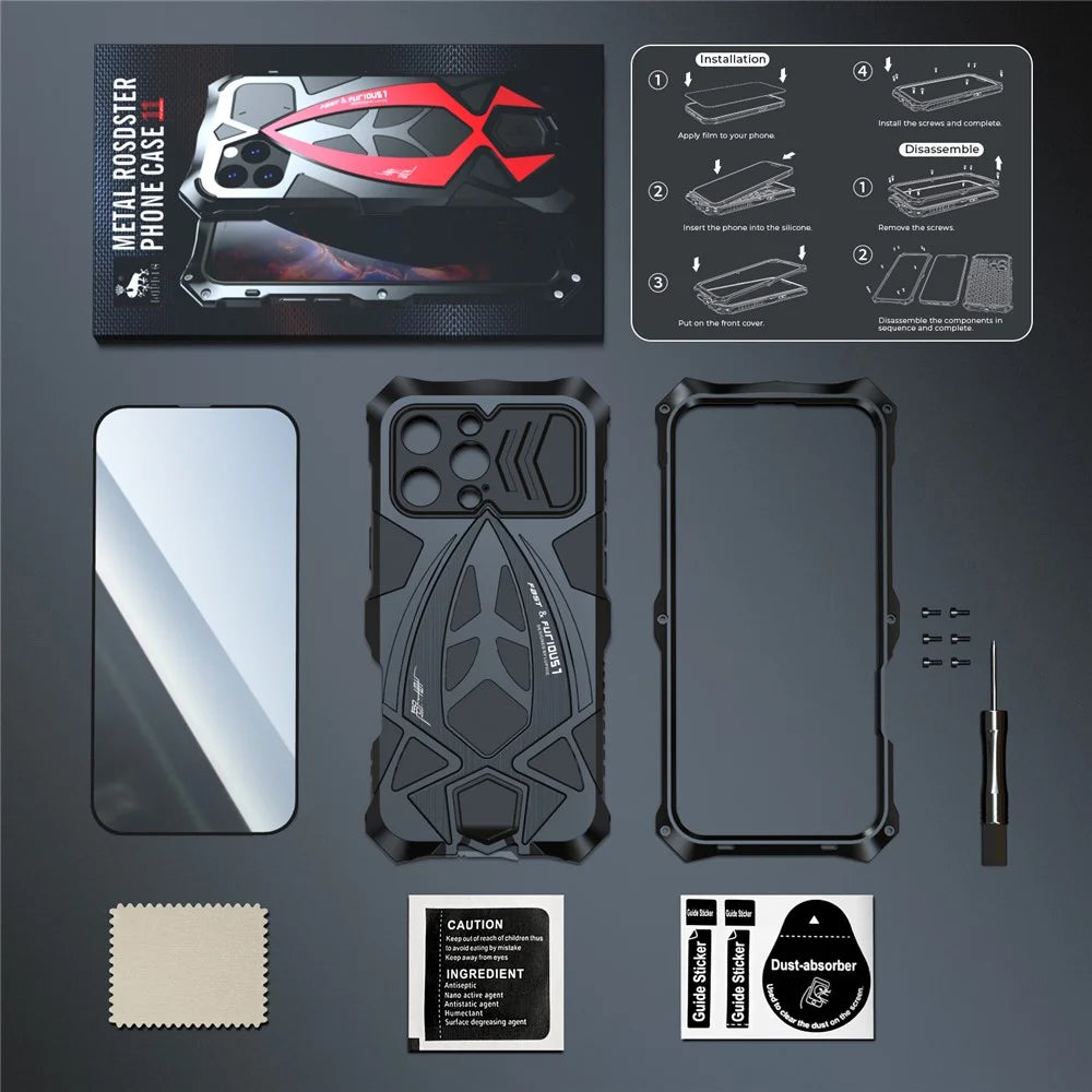 LUPHIE For iPhone 16 Pro Max Case Sports Car Design Shockproof Metal+TPU Phone Cover with Screen Protector - Black - 7