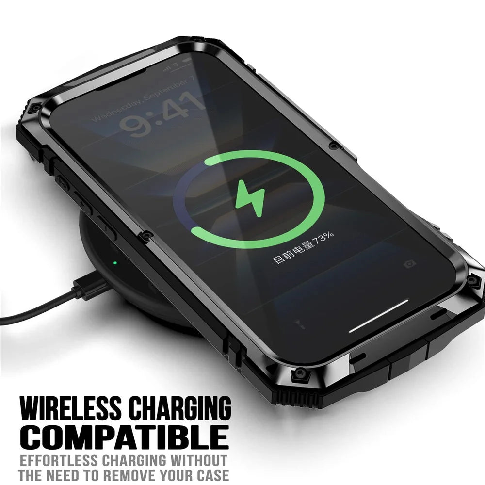 R-JUST For iPhone 16 Case PC+Silicone+Metal Kickstand Phone Cover with Tempered Glass Film - Black - 3