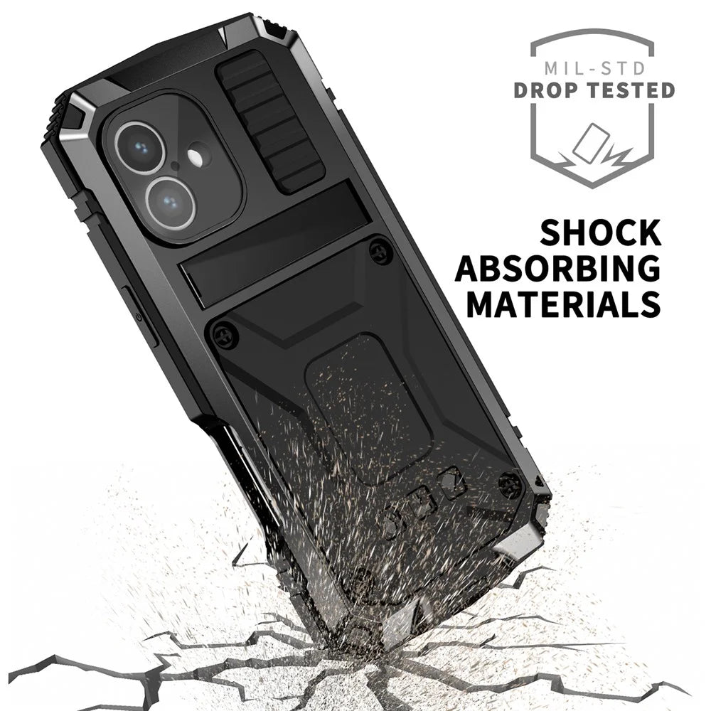 R-JUST For iPhone 16 Case PC+Silicone+Metal Kickstand Phone Cover with Tempered Glass Film - Black - 5
