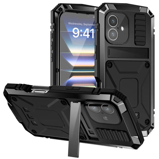 R-JUST For iPhone 16 Plus Case PC+Silicone+Metal Kickstand Phone Cover with Tempered Glass Film - Black - 1