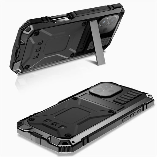 R-JUST For iPhone 16 Plus Case PC+Silicone+Metal Kickstand Phone Cover with Tempered Glass Film - Black - 2