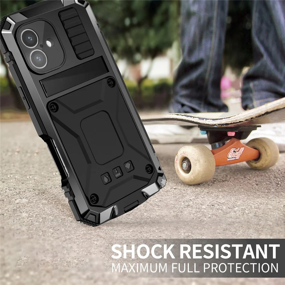 R-JUST For iPhone 16 Plus Case PC+Silicone+Metal Kickstand Phone Cover with Tempered Glass Film - Black - 6