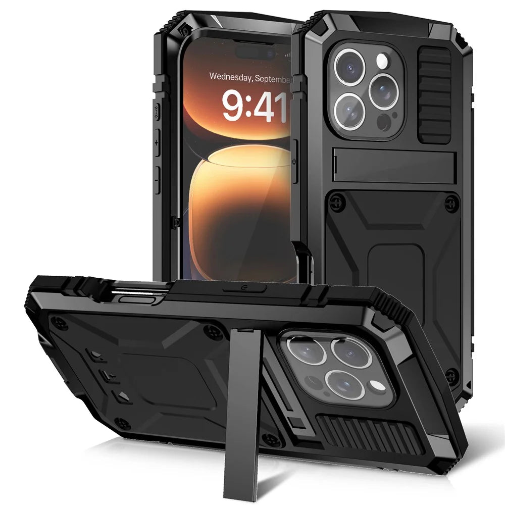 R-JUST For iPhone 16 Pro Max Case PC+Silicone+Metal Kickstand Phone Cover with Tempered Glass Film - Black - 1