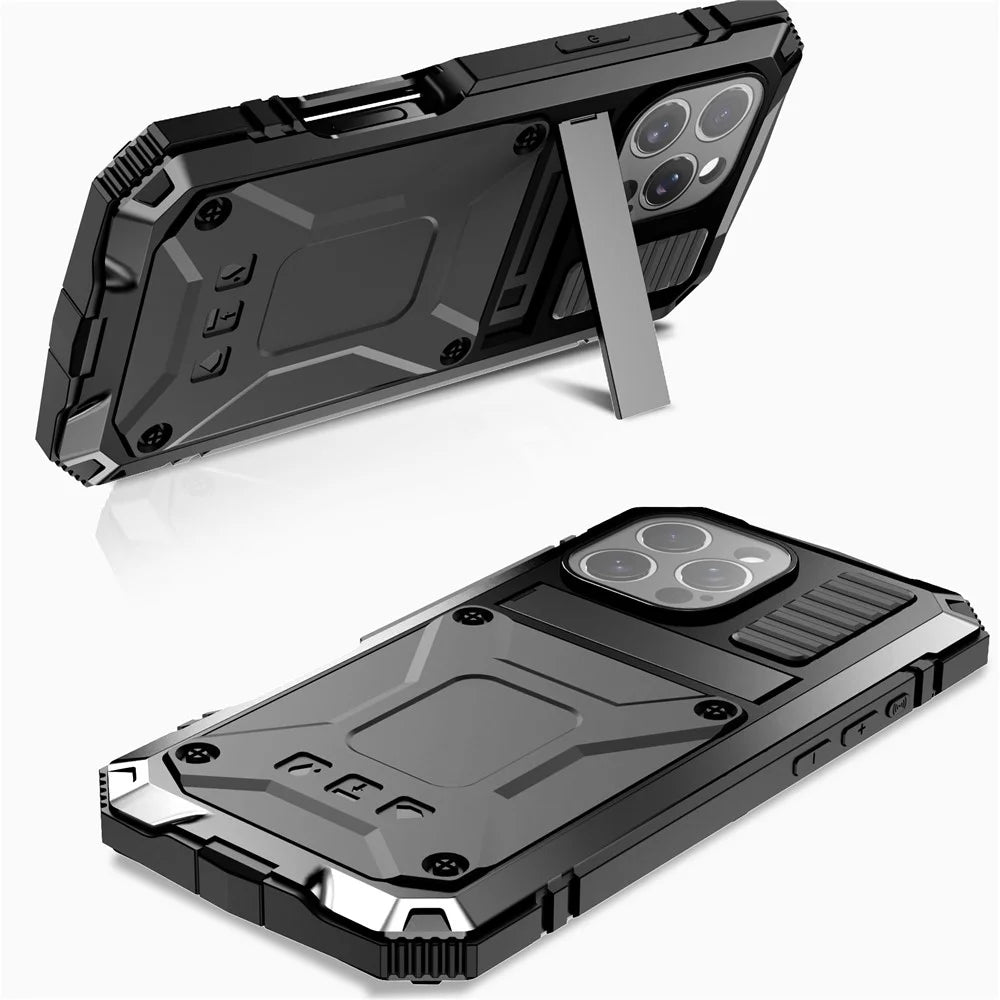 R-JUST For iPhone 16 Pro Max Case PC+Silicone+Metal Kickstand Phone Cover with Tempered Glass Film - Black - 2