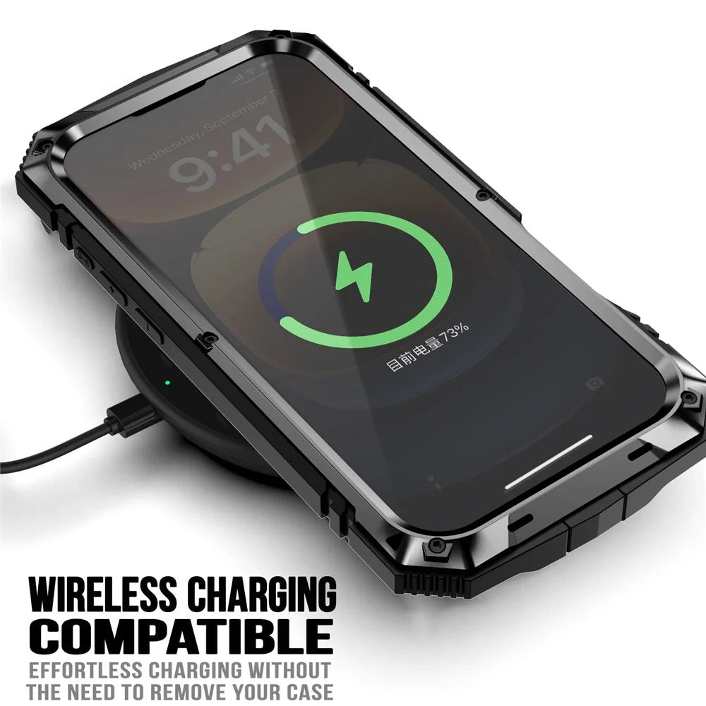 R-JUST For iPhone 16 Pro Max Case PC+Silicone+Metal Kickstand Phone Cover with Tempered Glass Film - Black - 3