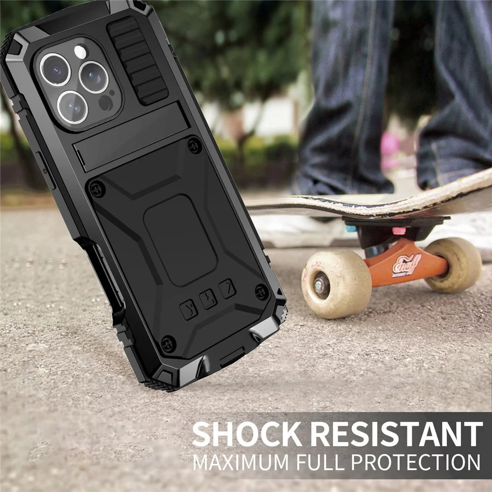 R-JUST For iPhone 16 Pro Max Case PC+Silicone+Metal Kickstand Phone Cover with Tempered Glass Film - Black - 5
