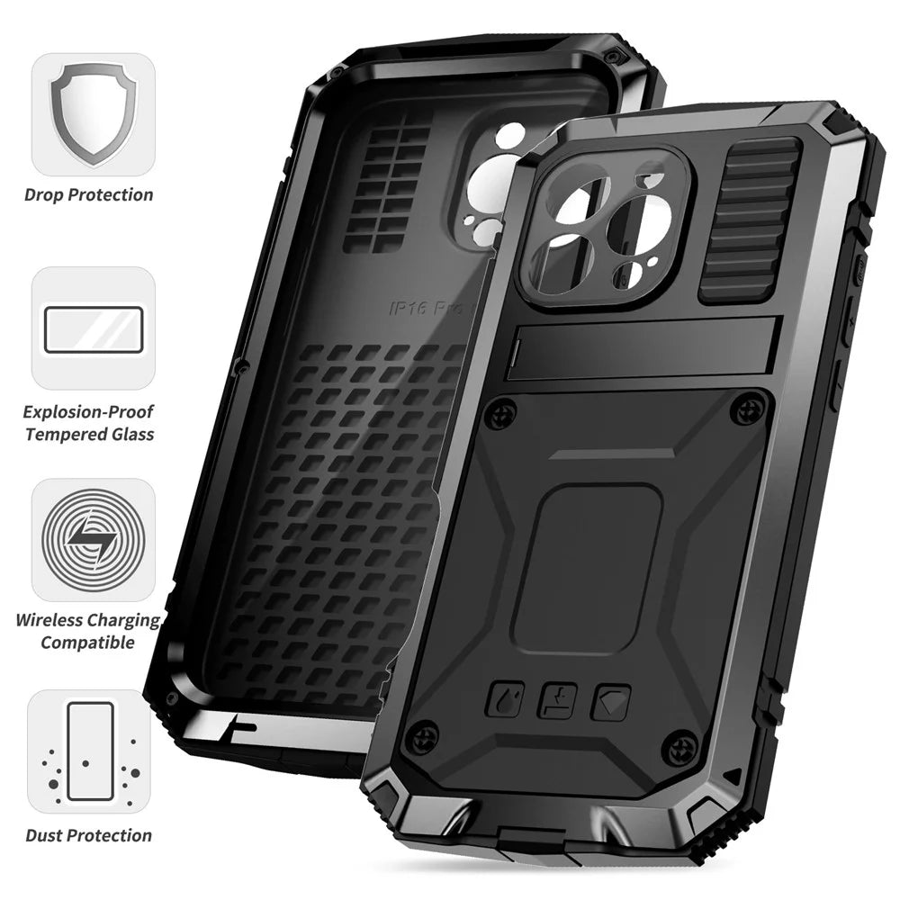 R-JUST For iPhone 16 Pro Max Case PC+Silicone+Metal Kickstand Phone Cover with Tempered Glass Film - Black - 7