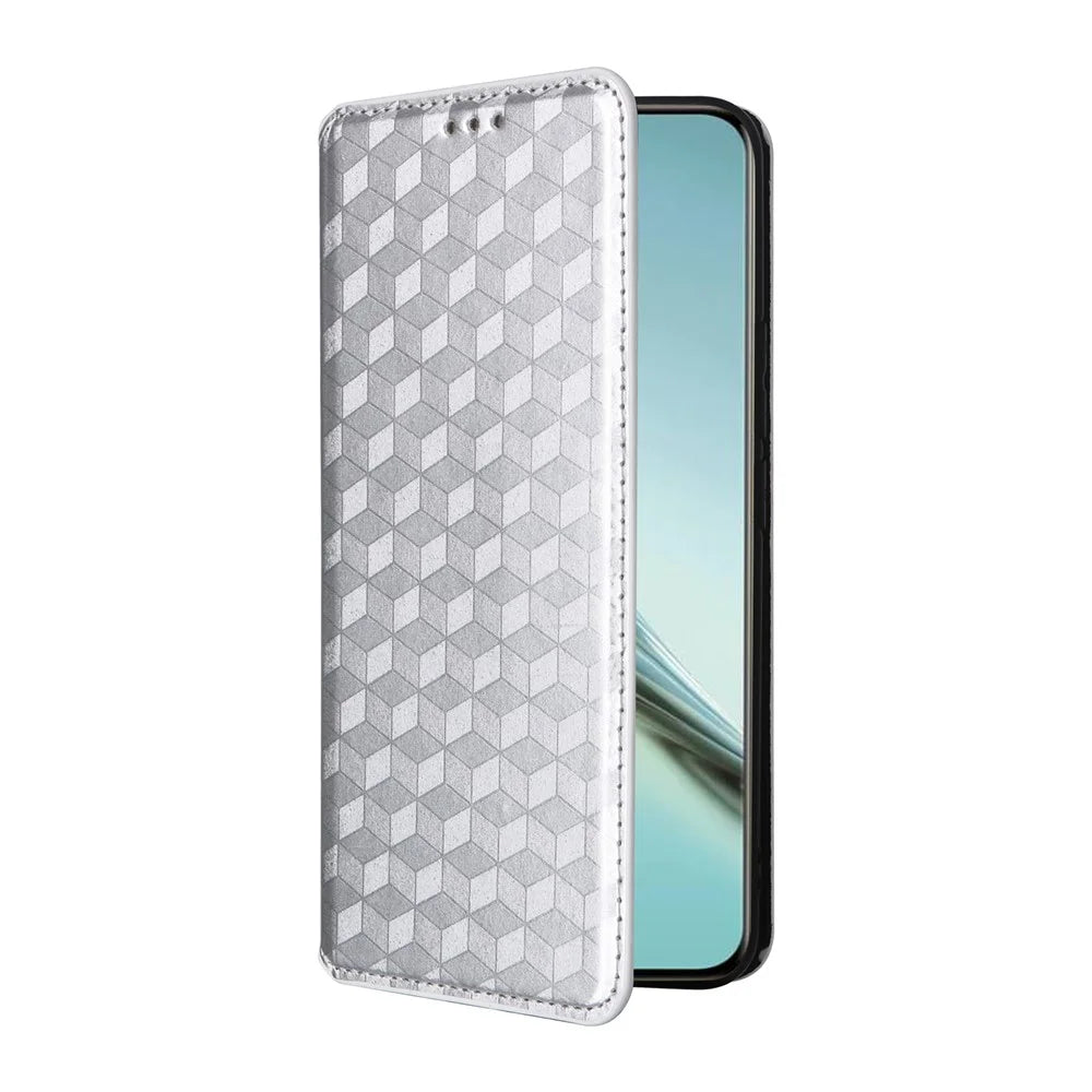 For Realme 14 Pro Lite 5G / 13 Pro 5G (Global) / 13 Pro+ 5G (Global) Wallet Case Rhombus Imprinted Leather Phone Cover - Silver - 5
