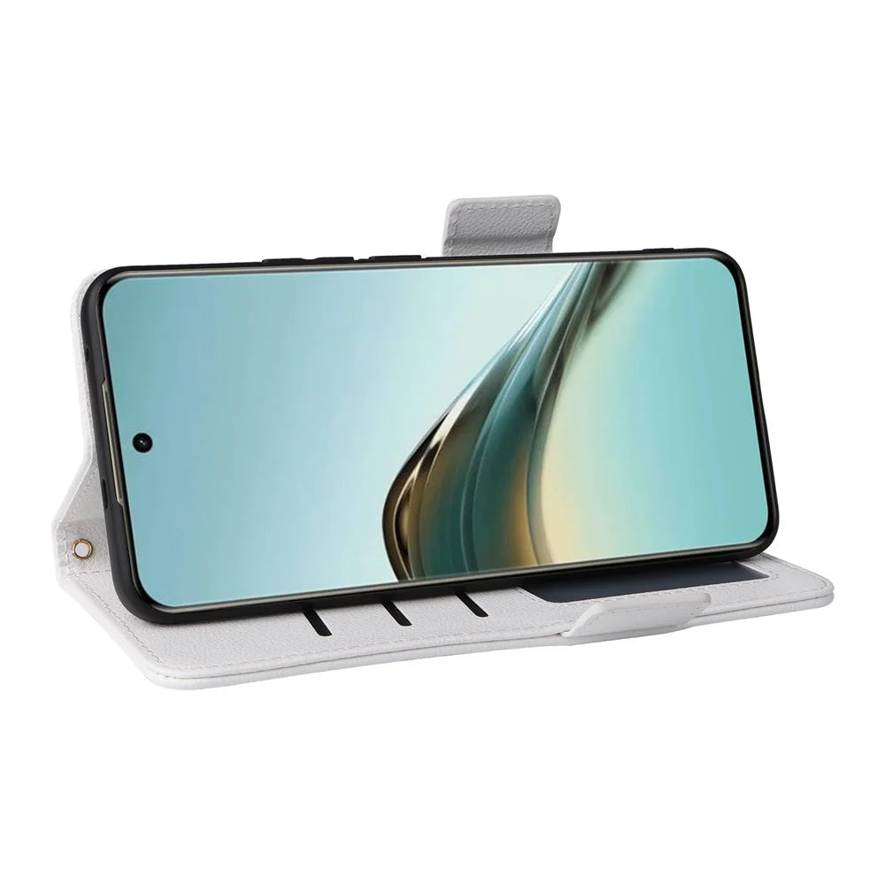 For Realme 14 Pro Lite 5G / 13 Pro 5G (Global) / 13 Pro+ 5G (Global) Case with Wrist Strap Litchi Texture PU Leather Wallet Phone Cover - White - 3