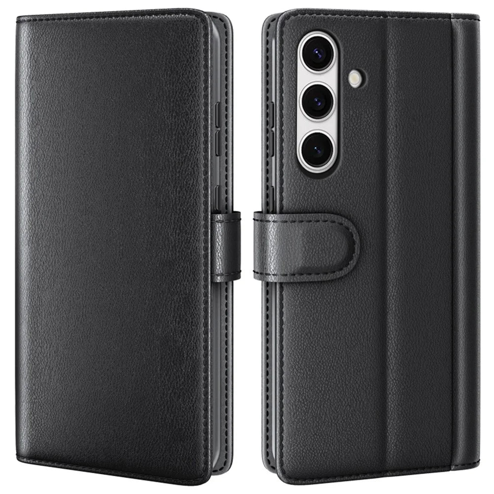 For Samsung Galaxy S24 FE Case Genuine Split Leather Phone Cover with Wallet Stand - Black - 1