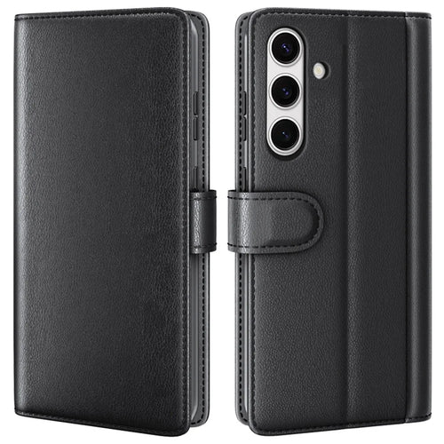 For Samsung Galaxy S24 FE Case Genuine Split Leather Phone Cover with Wallet Stand - Black - 1