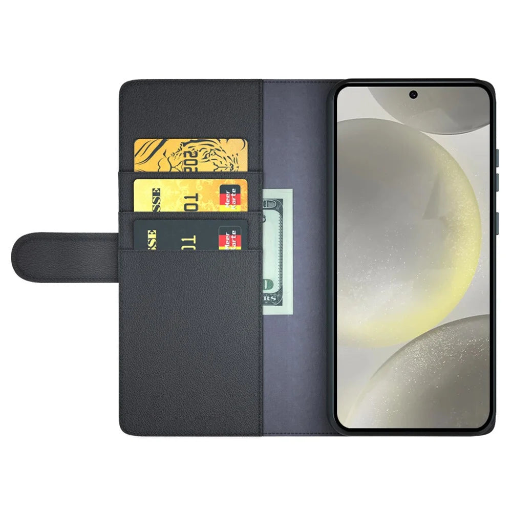 For Samsung Galaxy S24 FE Case Genuine Split Leather Phone Cover with Wallet Stand - Black - 2