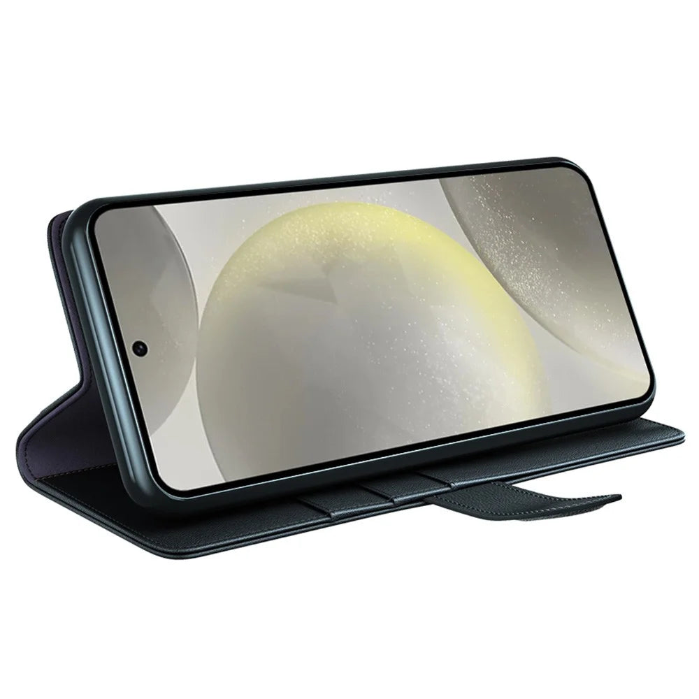 For Samsung Galaxy S24 FE Case Genuine Split Leather Phone Cover with Wallet Stand - Black - 3