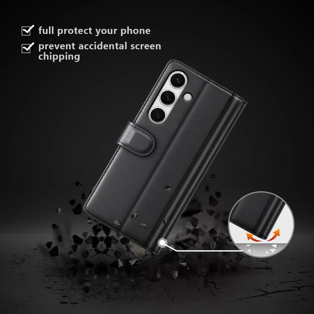 For Samsung Galaxy S24 FE Case Genuine Split Leather Phone Cover with Wallet Stand - Black - 4