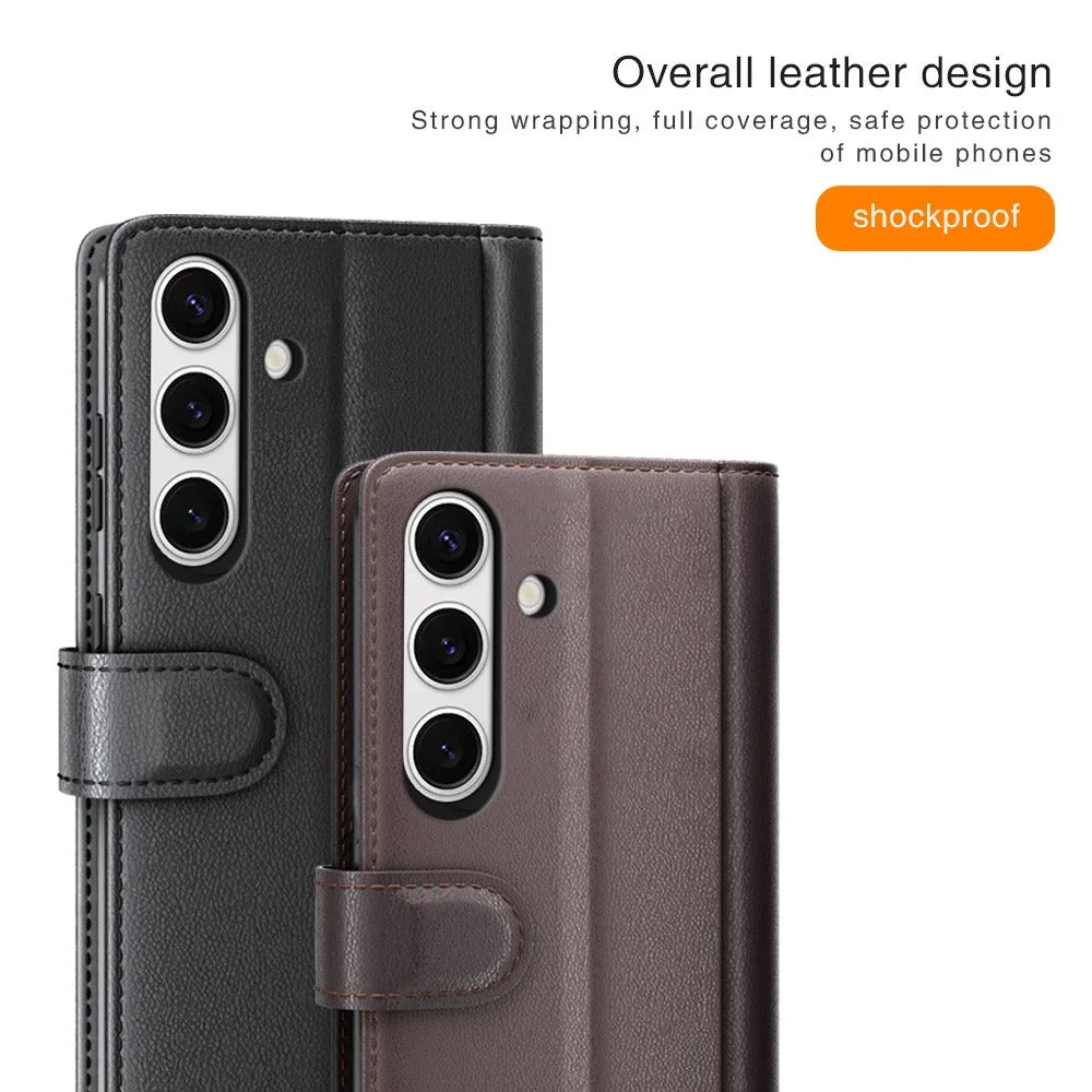 For Samsung Galaxy S24 FE Case Genuine Split Leather Phone Cover with Wallet Stand - Black - 6