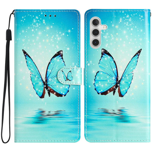 For Samsung Galaxy S24 FE Wallet Case PU Leather Pattern Printing Stand Phone Cover with Strap - Blue Butterfly - 1