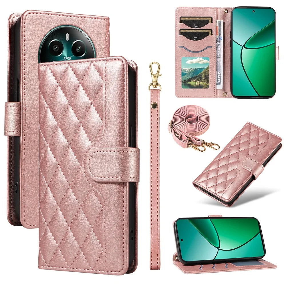 For Realme Narzo 70 5G / Narzo 70 Pro 5G / P1 5G / 12 4G / 12+ 5G Case Wallet Rhombus Leather Phone Cover with Shoulder Strap, Wrist Strap - Rose Gold - 1