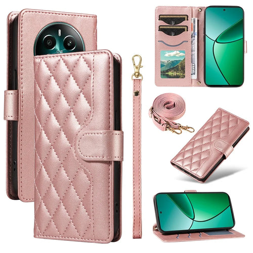 For Realme Narzo 70 5G / Narzo 70 Pro 5G / P1 5G / 12 4G / 12+ 5G Case Wallet Rhombus Leather Phone Cover with Shoulder Strap, Wrist Strap - Rose Gold - 1