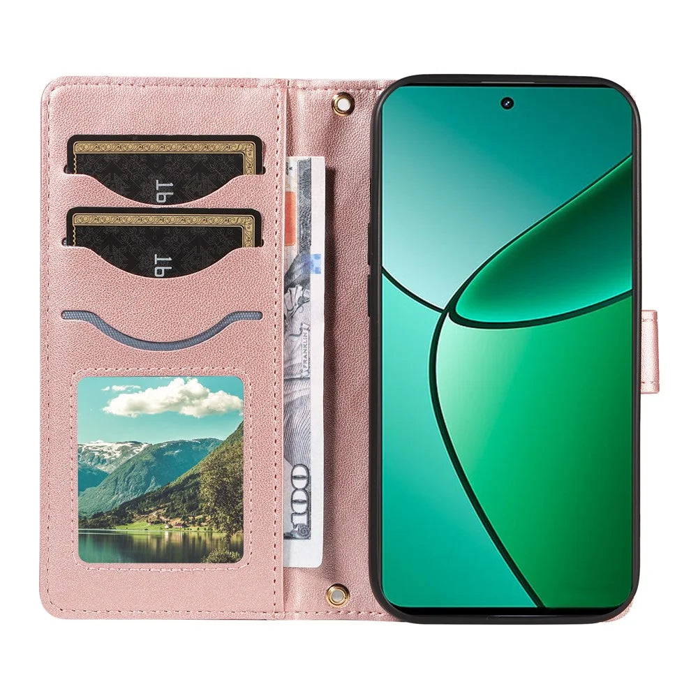 For Realme Narzo 70 5G / Narzo 70 Pro 5G / P1 5G / 12 4G / 12+ 5G Case Wallet Rhombus Leather Phone Cover with Shoulder Strap, Wrist Strap - Rose Gold - 2
