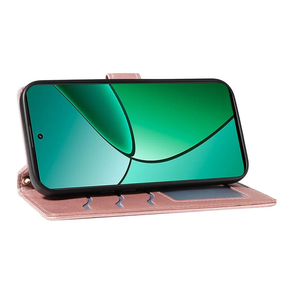 For Realme Narzo 70 5G / Narzo 70 Pro 5G / P1 5G / 12 4G / 12+ 5G Case Wallet Rhombus Leather Phone Cover with Shoulder Strap, Wrist Strap - Rose Gold - 3