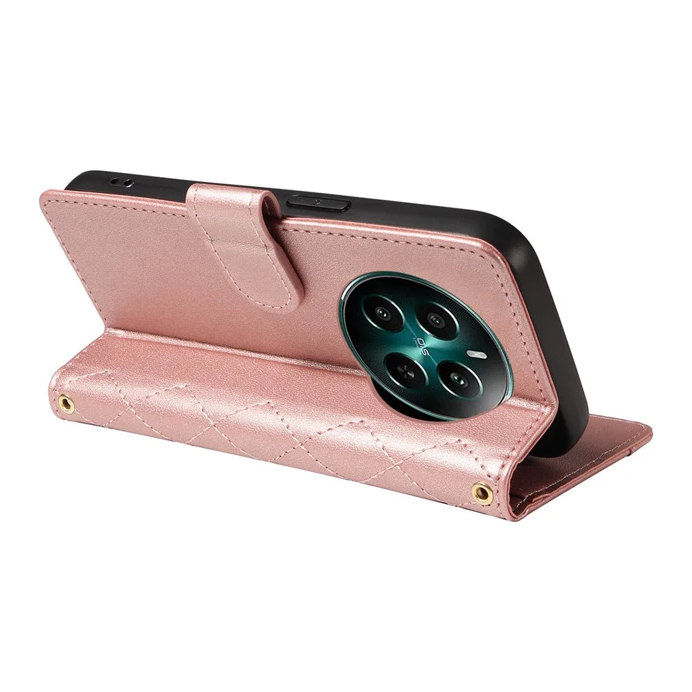 For Realme Narzo 70 5G / Narzo 70 Pro 5G / P1 5G / 12 4G / 12+ 5G Case Wallet Rhombus Leather Phone Cover with Shoulder Strap, Wrist Strap - Rose Gold - 4