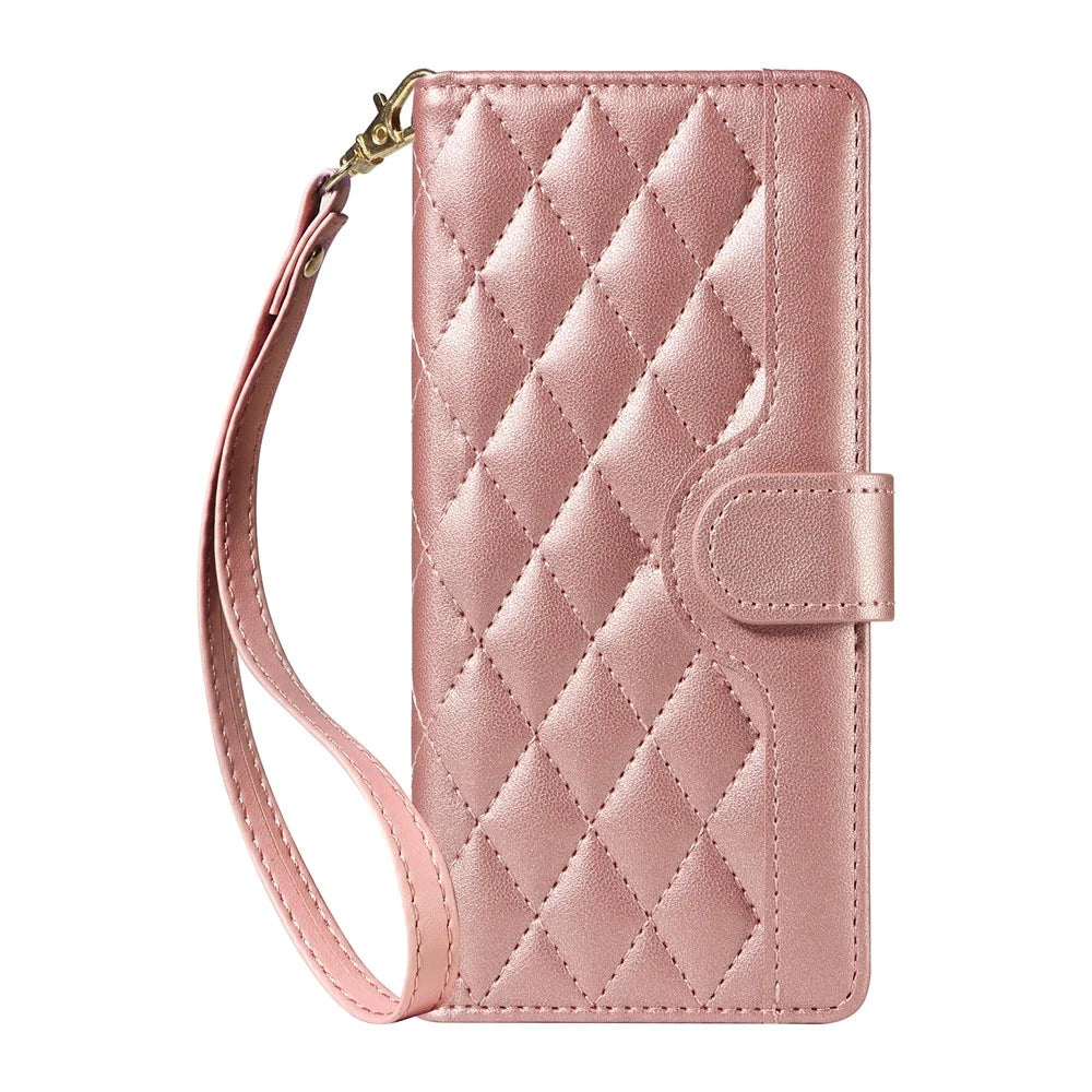 For Realme Narzo 70 5G / Narzo 70 Pro 5G / P1 5G / 12 4G / 12+ 5G Case Wallet Rhombus Leather Phone Cover with Shoulder Strap, Wrist Strap - Rose Gold - 6