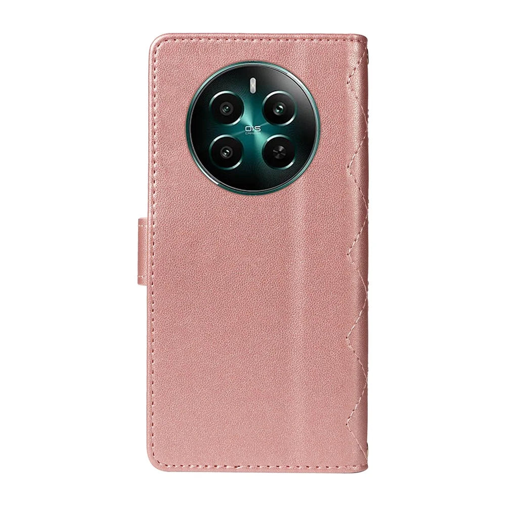 For Realme Narzo 70 5G / Narzo 70 Pro 5G / P1 5G / 12 4G / 12+ 5G Case Wallet Rhombus Leather Phone Cover with Shoulder Strap, Wrist Strap - Rose Gold - 7