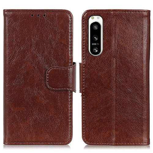 For Sony Xperia 5 IV 5G Nappa Texture Split Leather Flip Wallet Case Magnetic Closure Shockproof Phone Cover Stand - Brown - 1