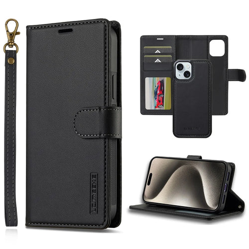 LC.IMEEKE L2 Series for iPhone 15 Case PU Leather Wallet Detachable Magnetic Phone Cover - Black - 1